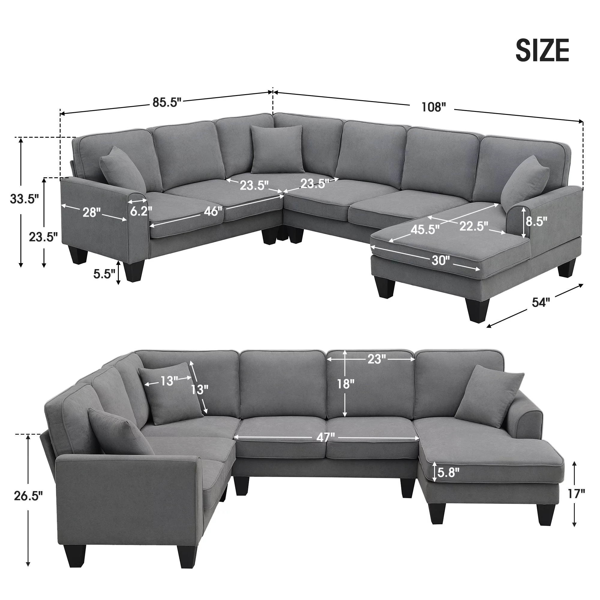 Euroco U Shape Sectional Sofa 7 Seat Modern Living Room Sofa Set with 3 Pillows, 108"x85.5", Dark Gray