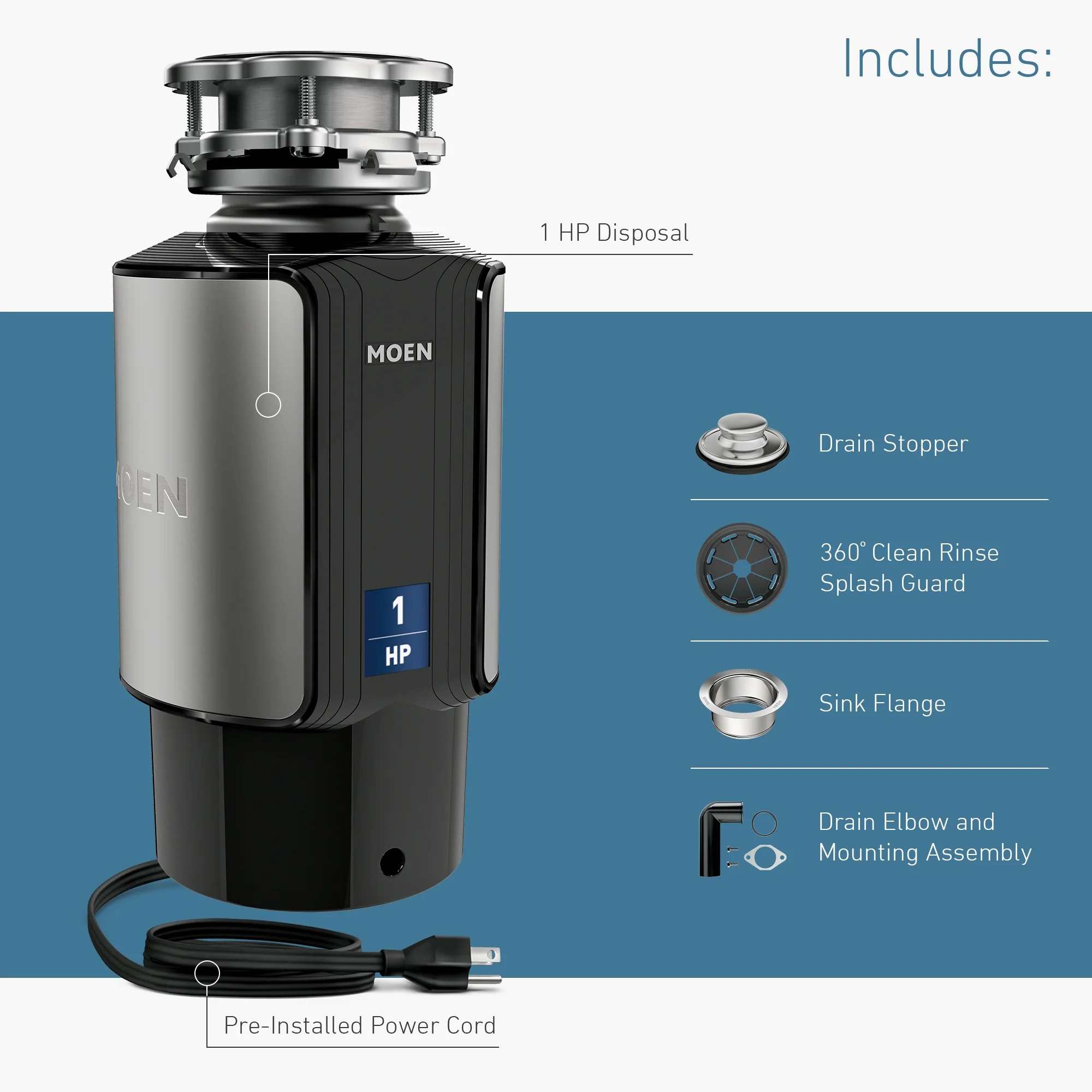 Moen Chef Series 1 HP Continuous Feed Garbage Disposal with Sound Reduction, GX100C