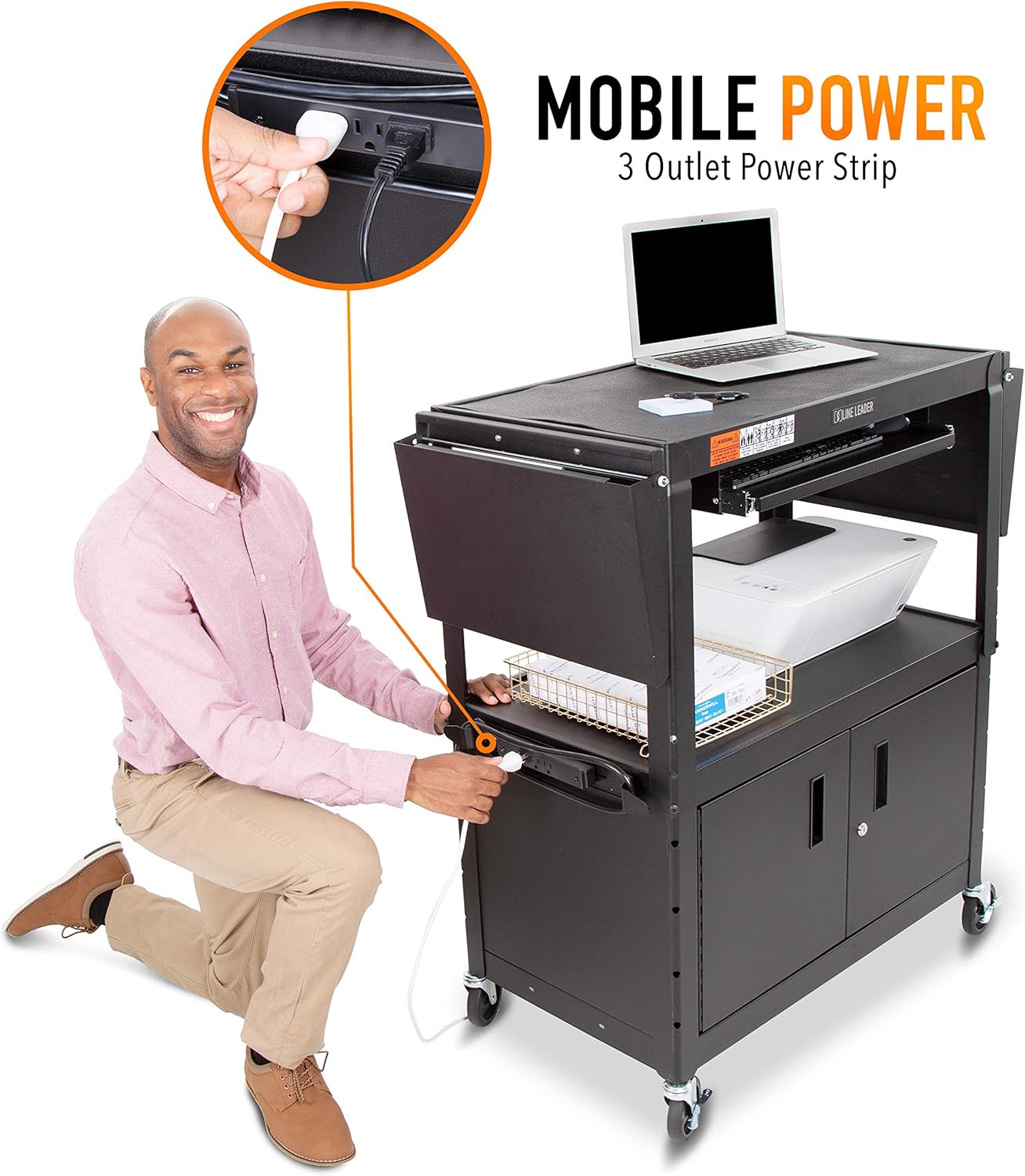 Line Leader Large AV Cart with Locking Cabinet & Drop Leaves | Height Adjustable Utility Cart | Includes Pullout Keyboard Tray & Cord Management |