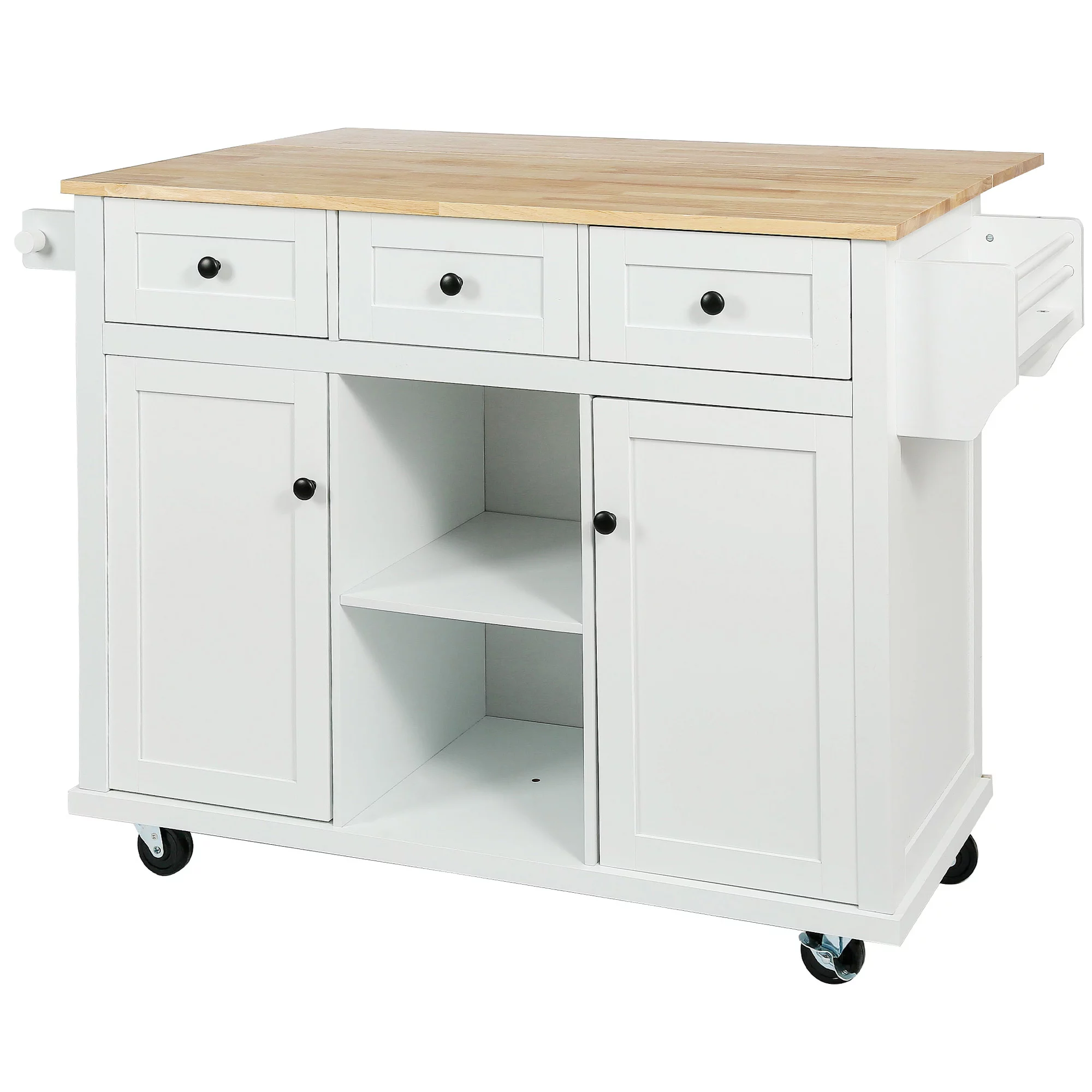 EUROCO 53.1" Kitchen Islands with Storage, Kitchen Island Cart with Rubber Wood Drop Leaf,Cabinet door internal storage racks,5 Wheels,3 Drawers,White