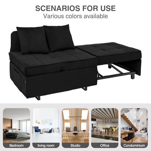 Sofa Bed 4-in-1 Convertible Pull Out Couch, Velvet Love seat Couch Sleeper Chair Bed with 2 Throw Pillow