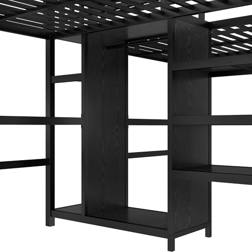 Twin Size Double Loft Bed with Desks, Heavy Duty Metal Loft Bed Frame with Charging Station, Wardrobe & Storage Shelves, Noise Reduced