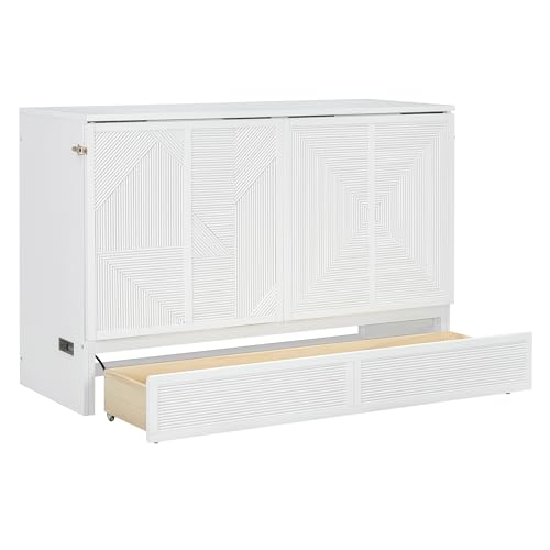 Harper & Bright Designs Full Size Murphy Bed Cabinet Wall Bed, Solid Pine Murphy Bed Chest with USB Ports
