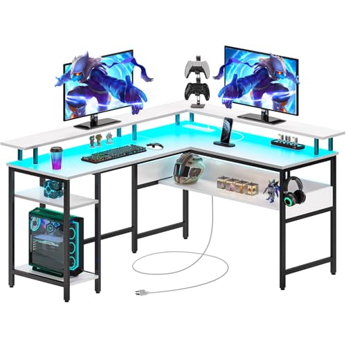 Rolanstar Computer Desk 56.7" with LED Lights and Power Outlets, Carbon Fiber Surface, Reversible L Shaped Gaming Desk with Monitor Stand