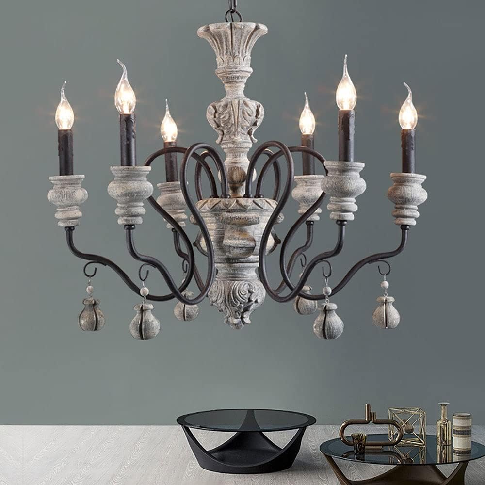 French Rustic Farmhouse Candle Chandelier, 6-Lights Chic Dining Room Lighting Hanging, Kitchen Island Light, Industrial Iron Chandeliers for Foyer
