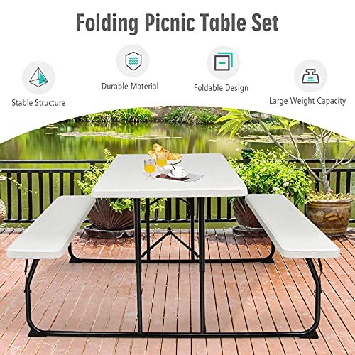 GYMAX Picnic Table, 550 LBS Folding Picnic Tables with Benches & Seats, Weather-Resistant Easy Setup Portable Picnic Table