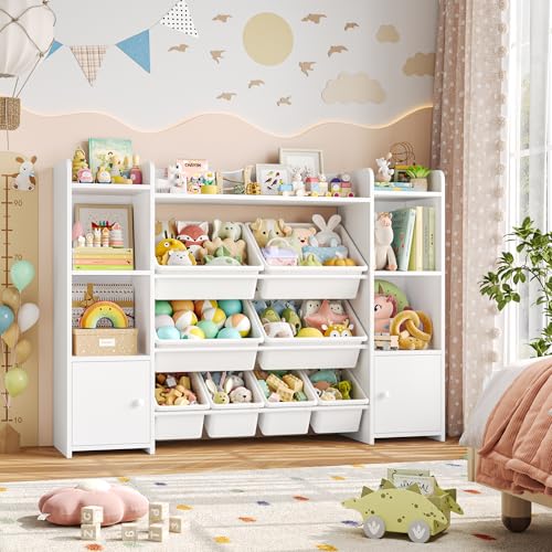 FOTOSOK 55''Large Toy Storage Organizer with 8 Toy Bins, Toy Organizers and Storage with Shelf and 6 Storage Cubbies, Bookshelf for Kids