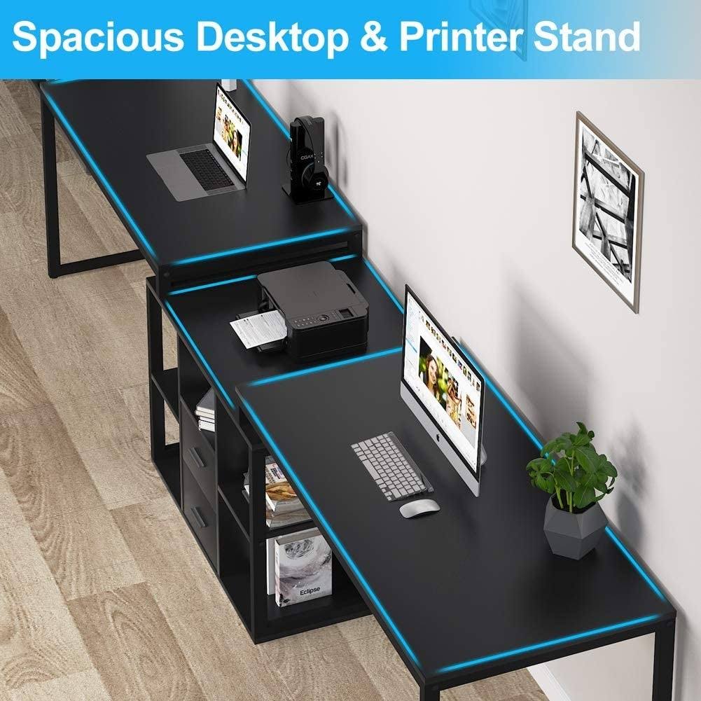 114 inch Double Computer Desk Two Person Office Desk with File Cabinet - Black