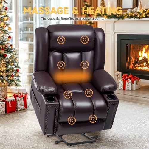 Large Power Lift Chairs Recliners for Elderly with Heated and Massage, Overstuffed Adjustable Lift Chairs, 3 Positions, Breathable Leather