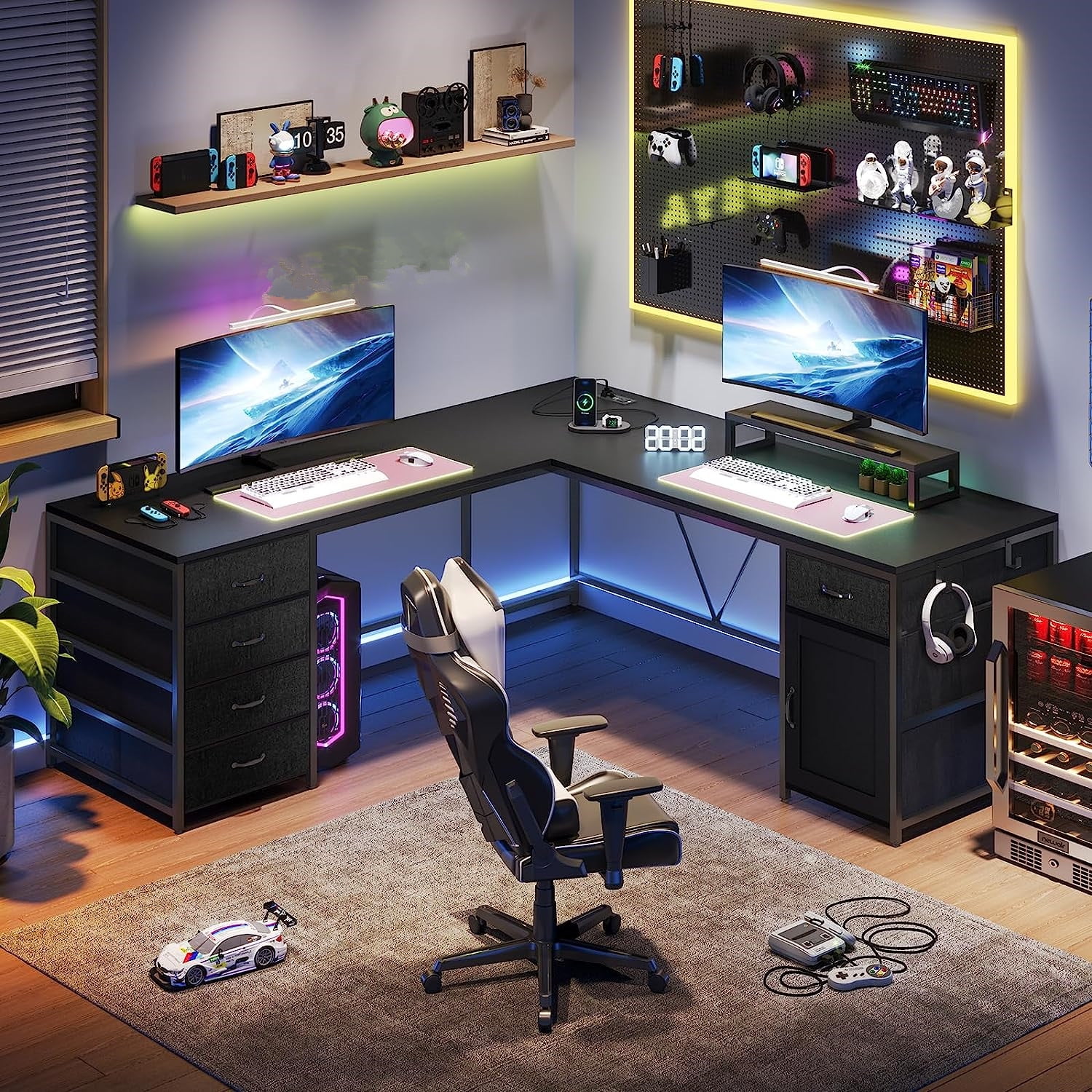 L Shaped Desk with 5 Drawer and Power Outlet, 63" Reversible Computer Desk with Monitor Shelf, Storage Cabinet, Black