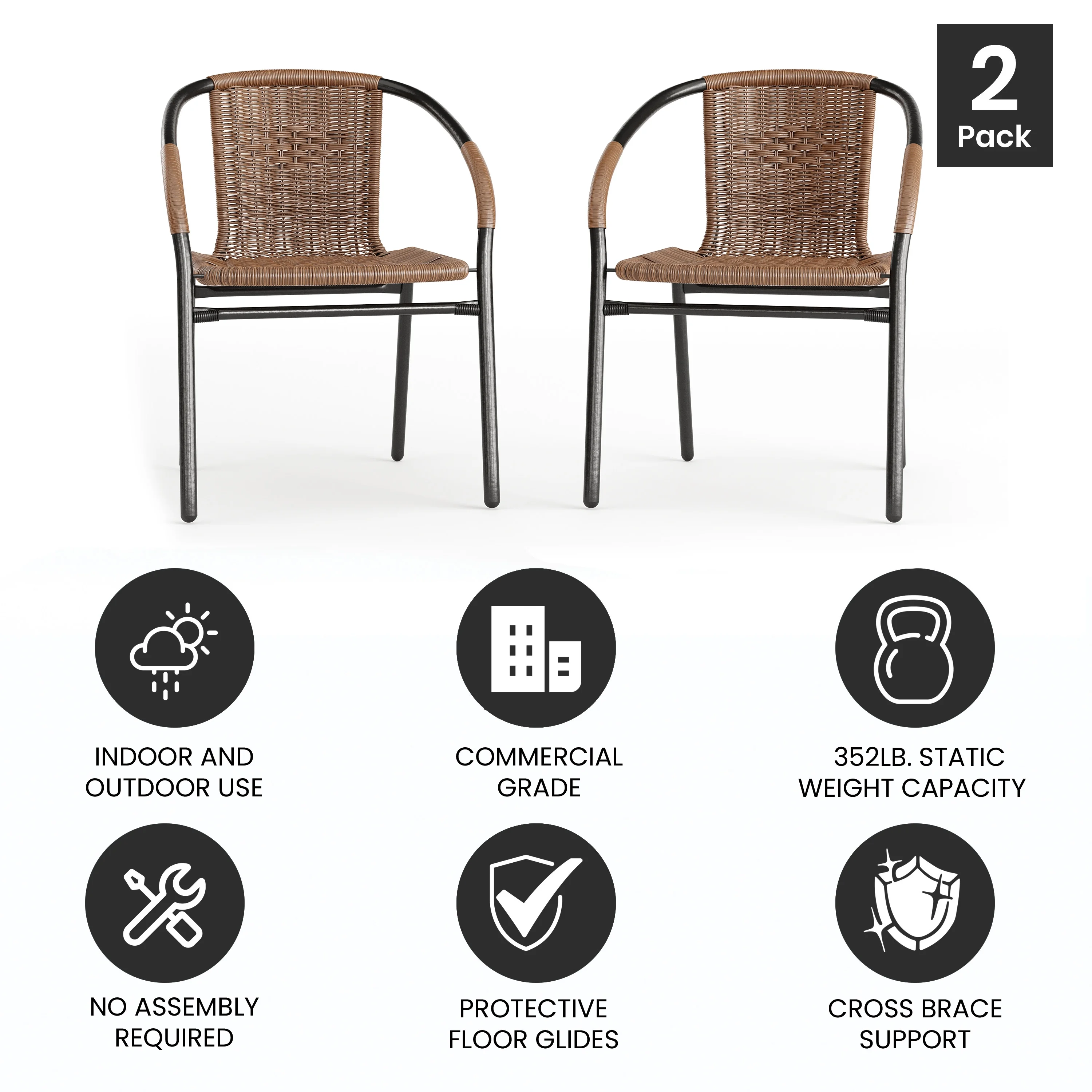 BizChair 2 Pack Medium Brown Rattan Indoor-Outdoor Restaurant Stack Chair