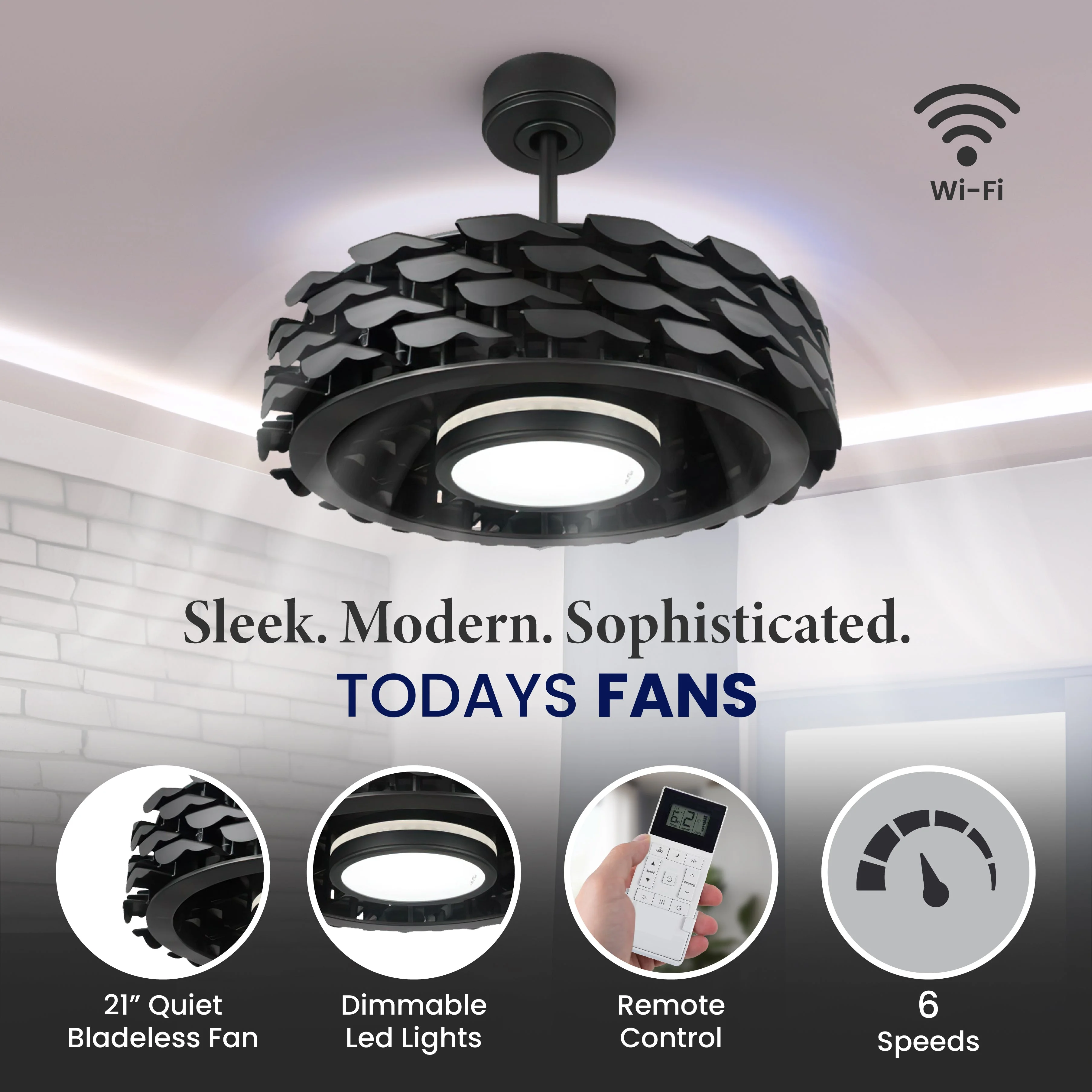 Todays Fans LUMIO Bladeless Smart Ceiling Fan, 6 Speeds with Dimmable LED Light