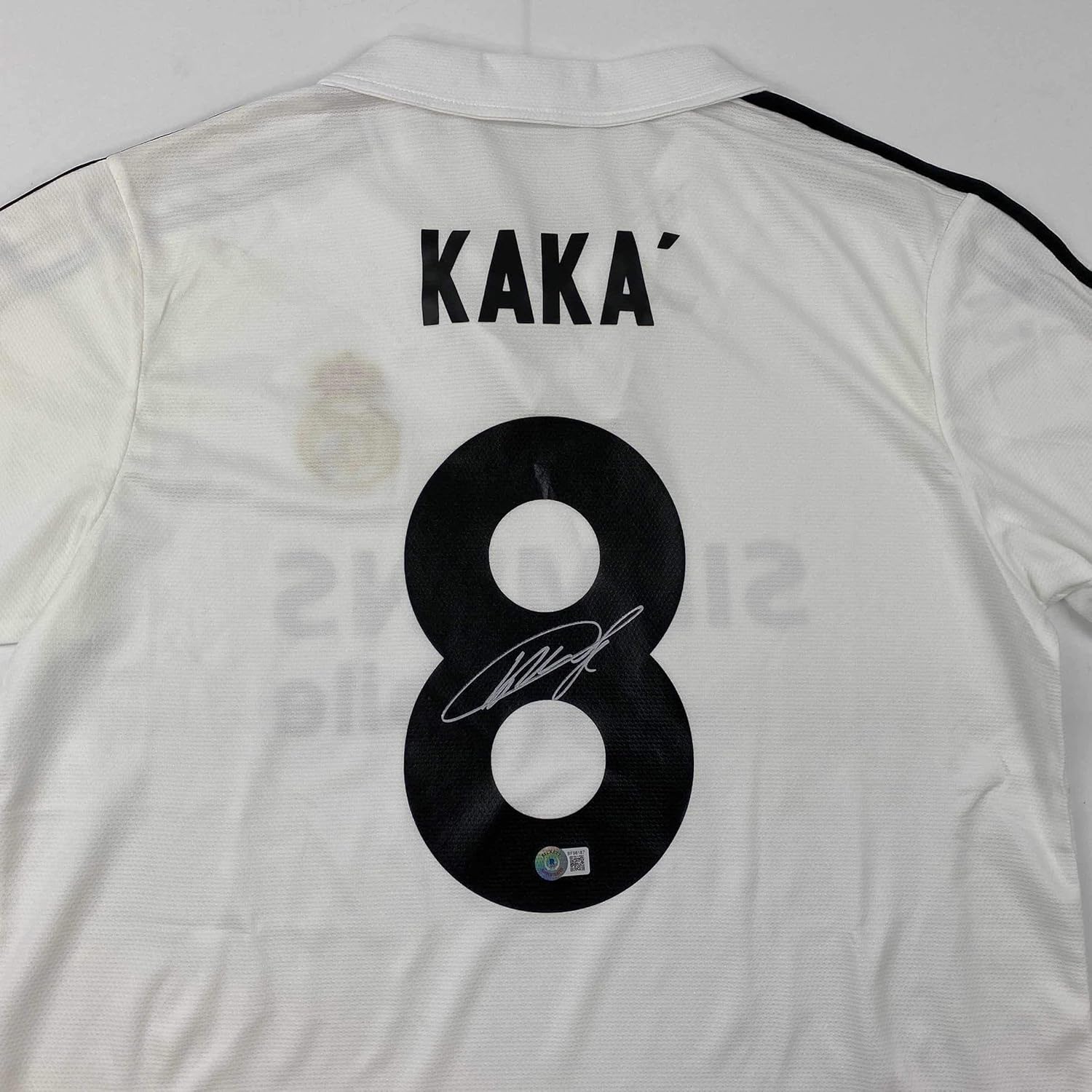 Autographed/Signed Ricardo Kaka Real Madrid White Soccer Futbol Jersey Beckett BAS COA