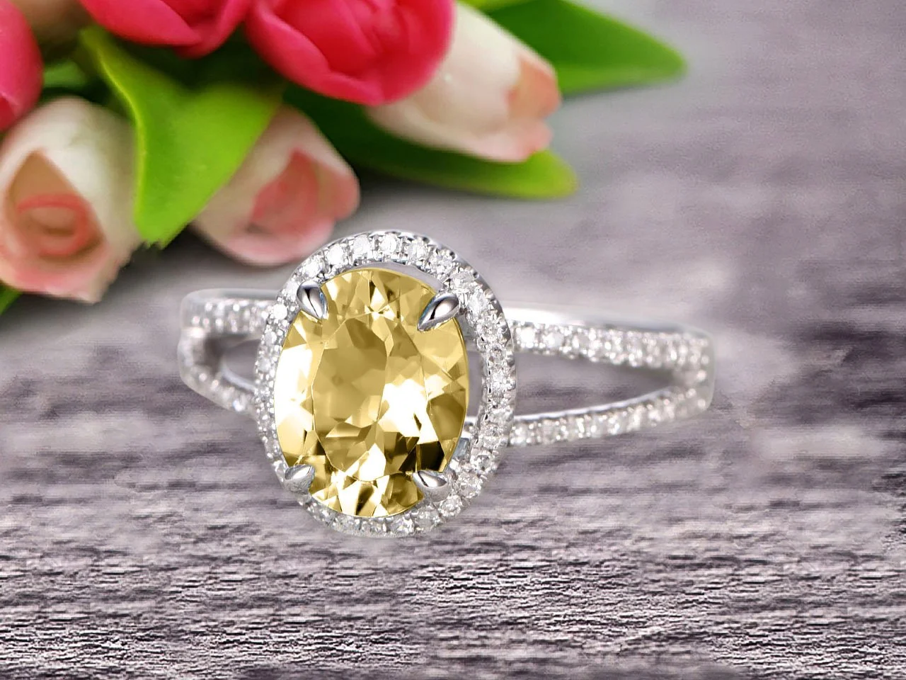 2.25 Carat 8x6mm Oval Shape Gemstone With Split Shank Halo Design Champagne Diamond Moissanite Engagement Ring Wedding Ring Anniversary Gift On 10k