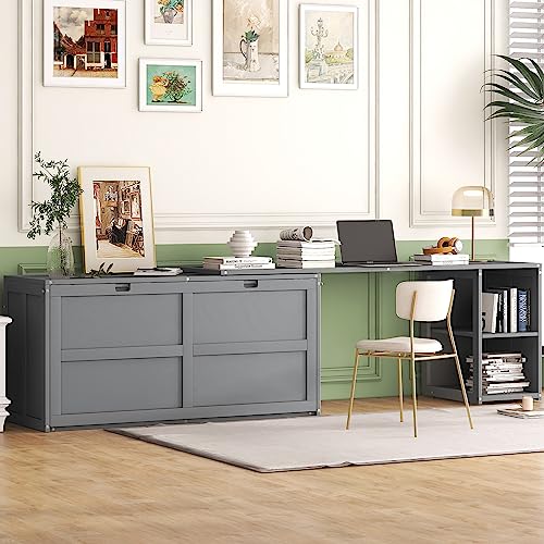 Full Size Murphy Cabinet Wall Bed With Storage and Bookcase Headboard, Solid Wood Cabinet With Shelves and USB Ports, Platform Floor for Home Office
