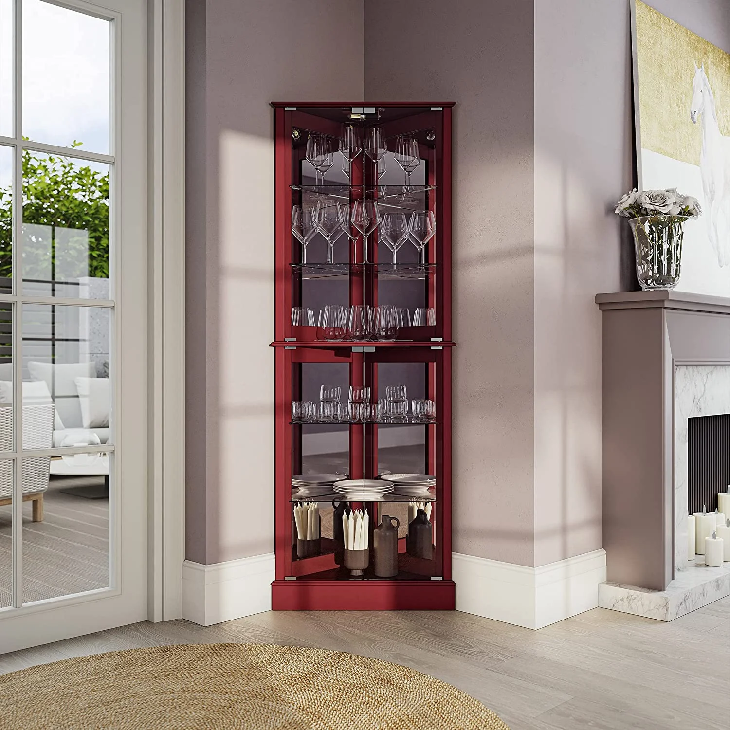Lighted Corner Display Curio Cabinet Wooden Shelving Unit with Tempered Glass Door, Bar and Liquor Storage Area with 6 Shelves - Woody (Cherry)
