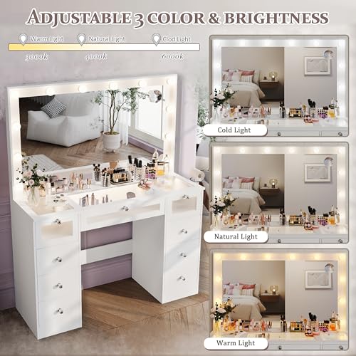 9 Drawers Makeup Vanity Desk with 36.9" Oversized Mirror and Lights, Vanity with Tempered Glass Top