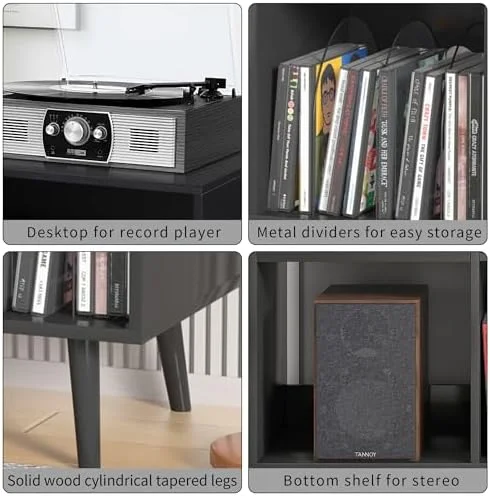 KHBIULIFE Mid-Century Record Player Stand with  Vinyl Record Cabinet Record Player Table with Power Outlet Turntable Stand Large Record Holder Holds