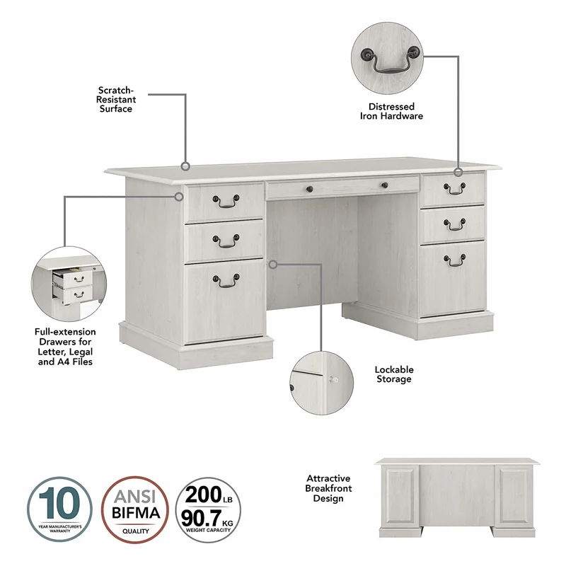 Scranton & Co Furniture Traditional Wood Executive Desk with Drawers in White