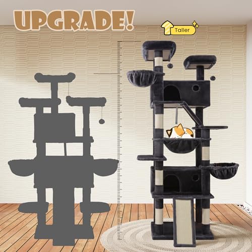 SHA CERLIN 81in Multi-Level Tall Cat Tree Tower for Indoor Kitties/Larger Cat Condo Furniture with Hammock/Cozy Pussycat Perches/Sisal Scratching