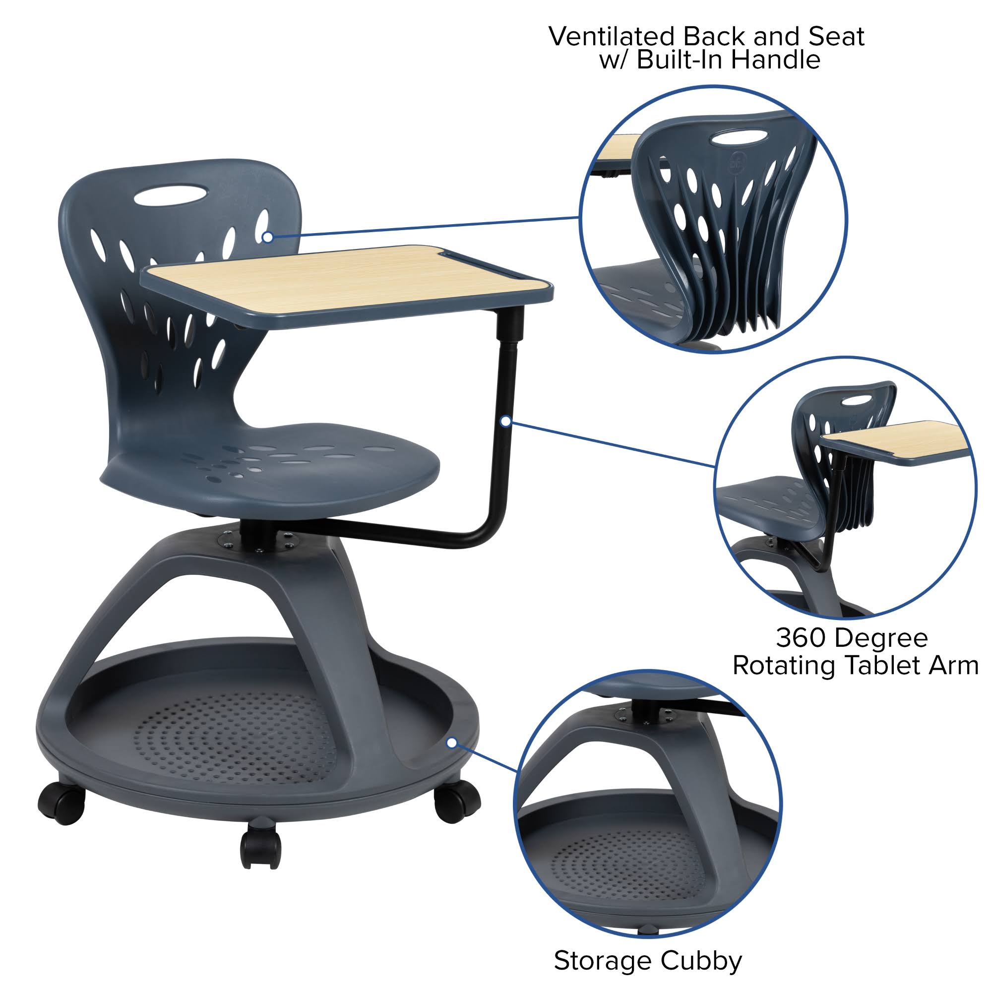 Flash Furniture Dark Gray Mobile Desk Chair with 360 Degree Tablet Rotation and Under Seat Storage Cubby