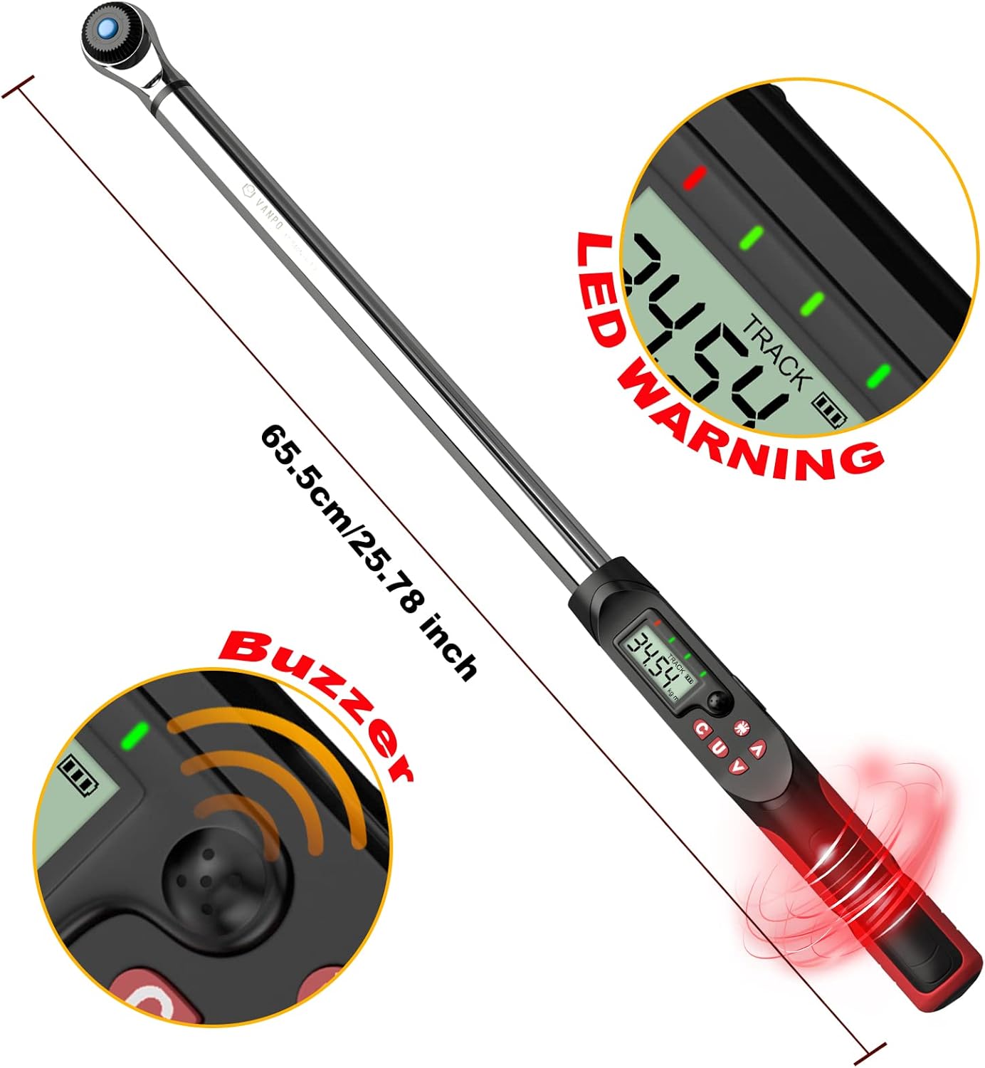VANPO 1/2-Inch Drive Digital Torque Wrench(12.5-250.8 ft-lbs./17-340Nm), Accurate to ±2%, Torque Wrench Set with Buzzer & LED Indicator