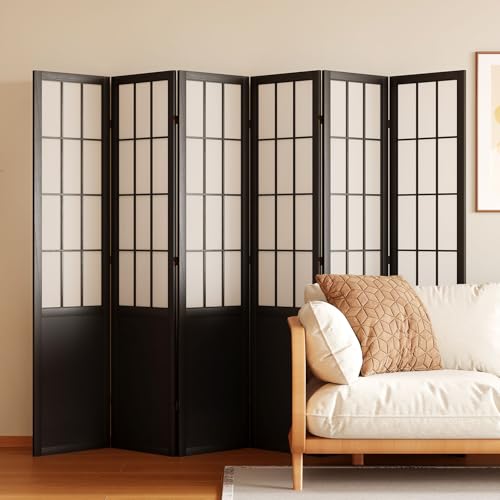 Room Divider, 66.9Inch Tall Japanese Shoji Style Folding Wood Screen with Double Hinges for Home Office Bedroom Hotel Decoration (4Panels, Black)