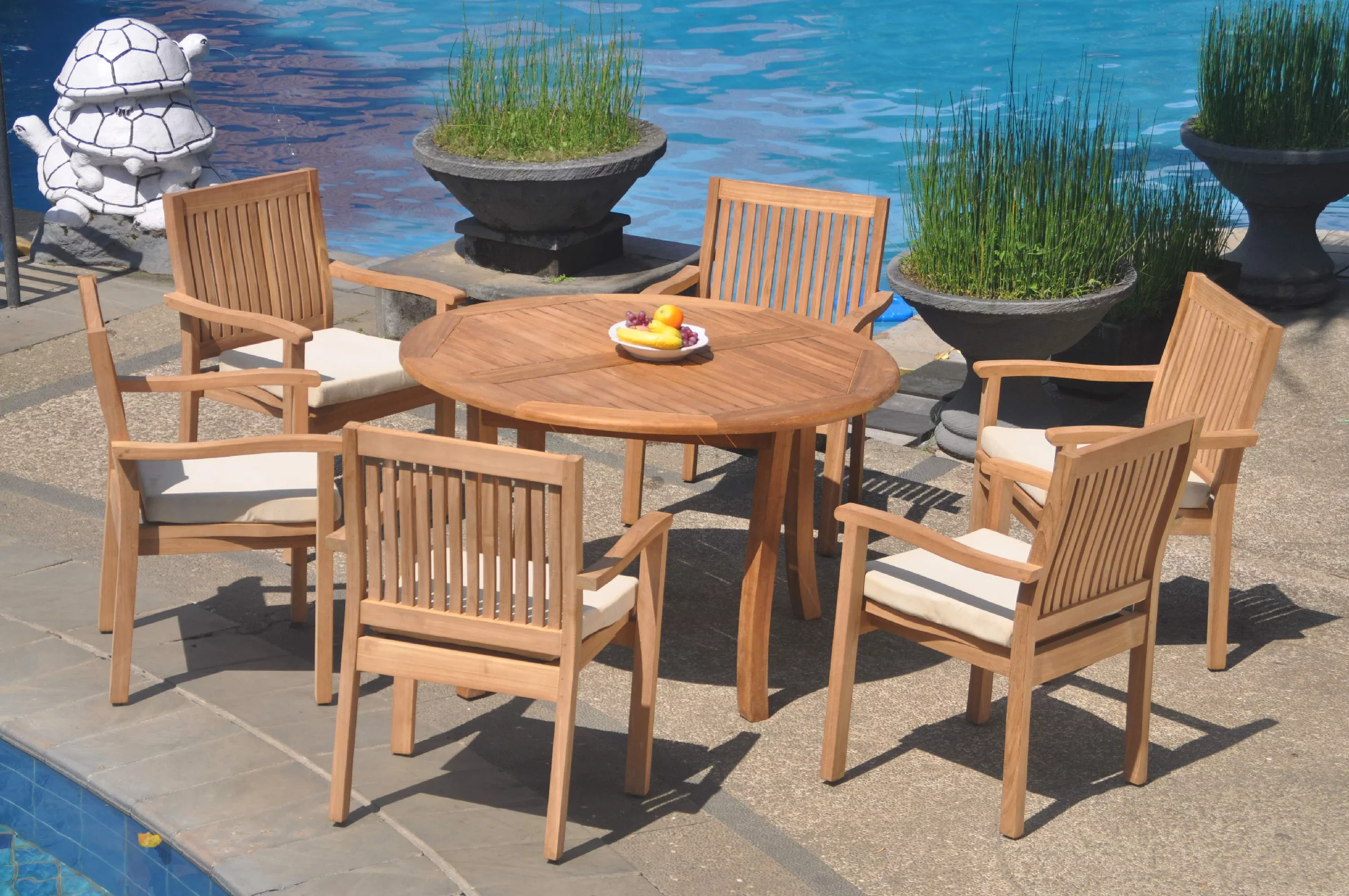 Grade-A Teak Dining Set: 6 Seater 7 Pc: 48" Round Table And 6 Leveb Stacking Arm Chairs Outdoor Patio WholesaleTeak #51LV1007