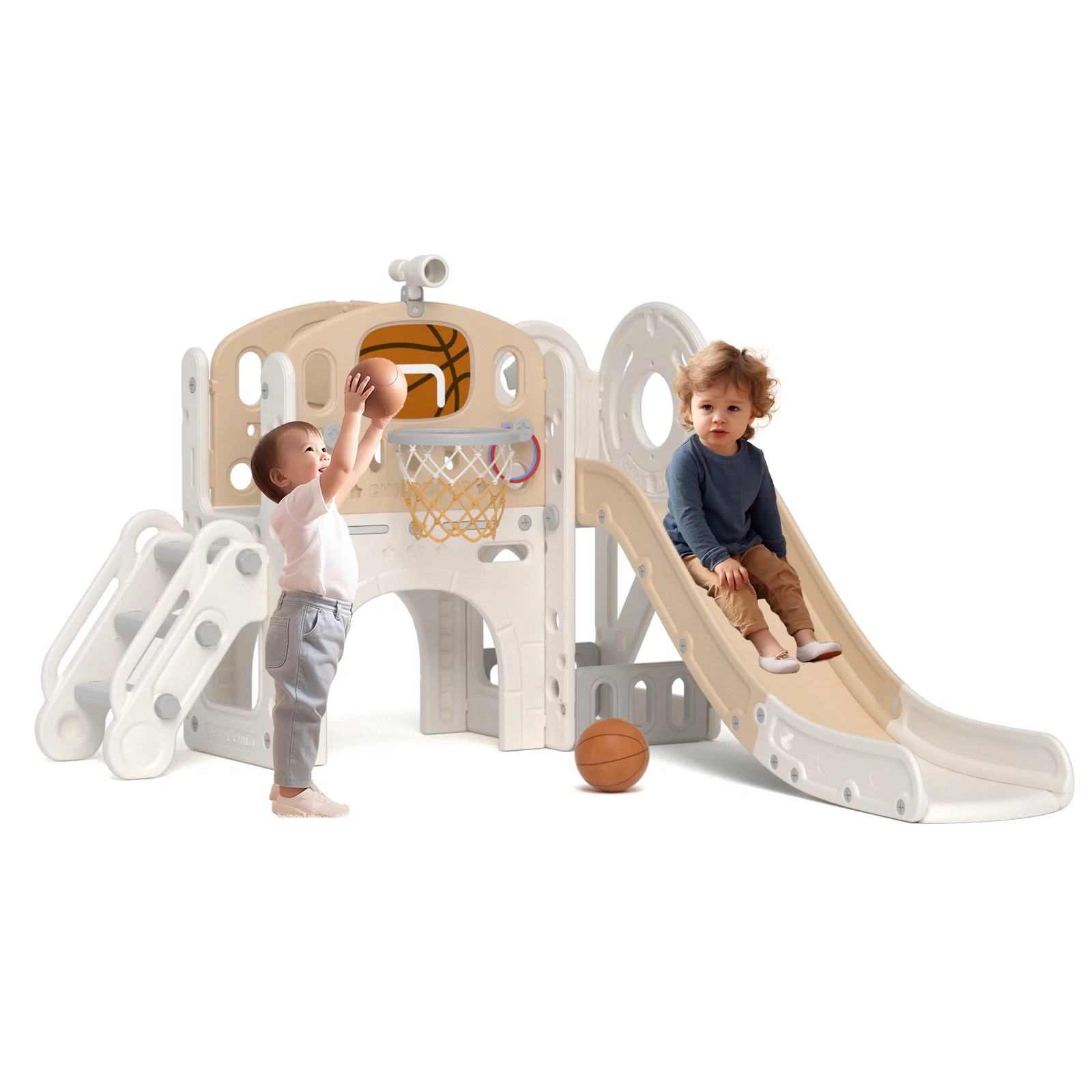 KORIMEFA 7-in-1 Kids Slide with Climber, Toddler Climber Slide Play Set with Basketball Hoop, Tunnel, Telescope and Storage Space