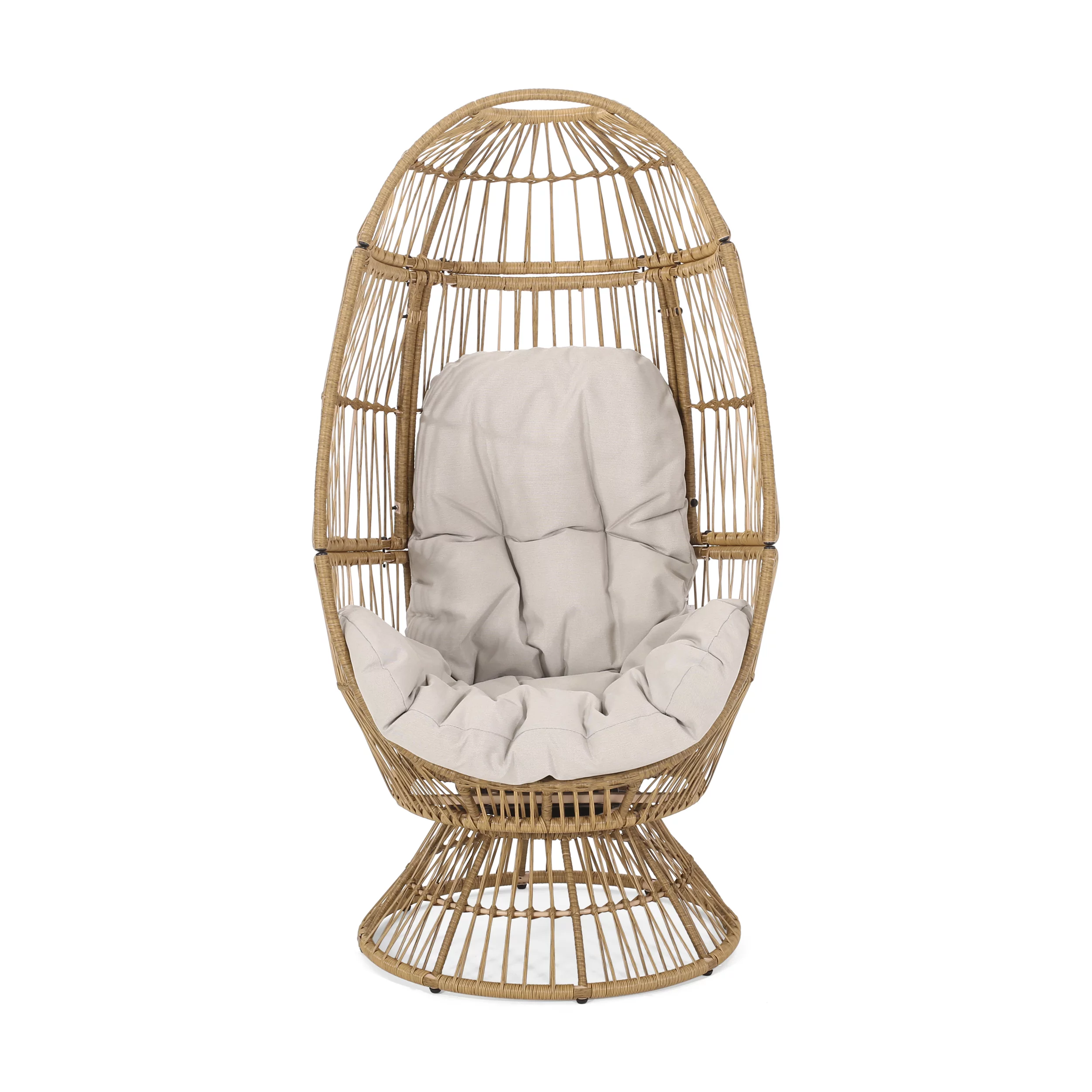 Noble House Adaline Outdoor Wicker Swivel Egg Chair with Cushion, Light Brown, Beige