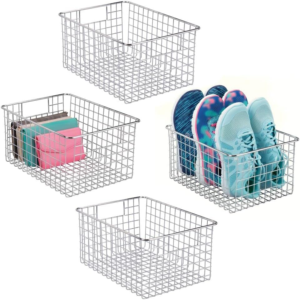 mDesign Farmhouse Decor Metal Wire Closet Storage Bin Baskets with Handles for Organizing Closets, Shelves, and Cabinets in Bedrooms, Bathrooms