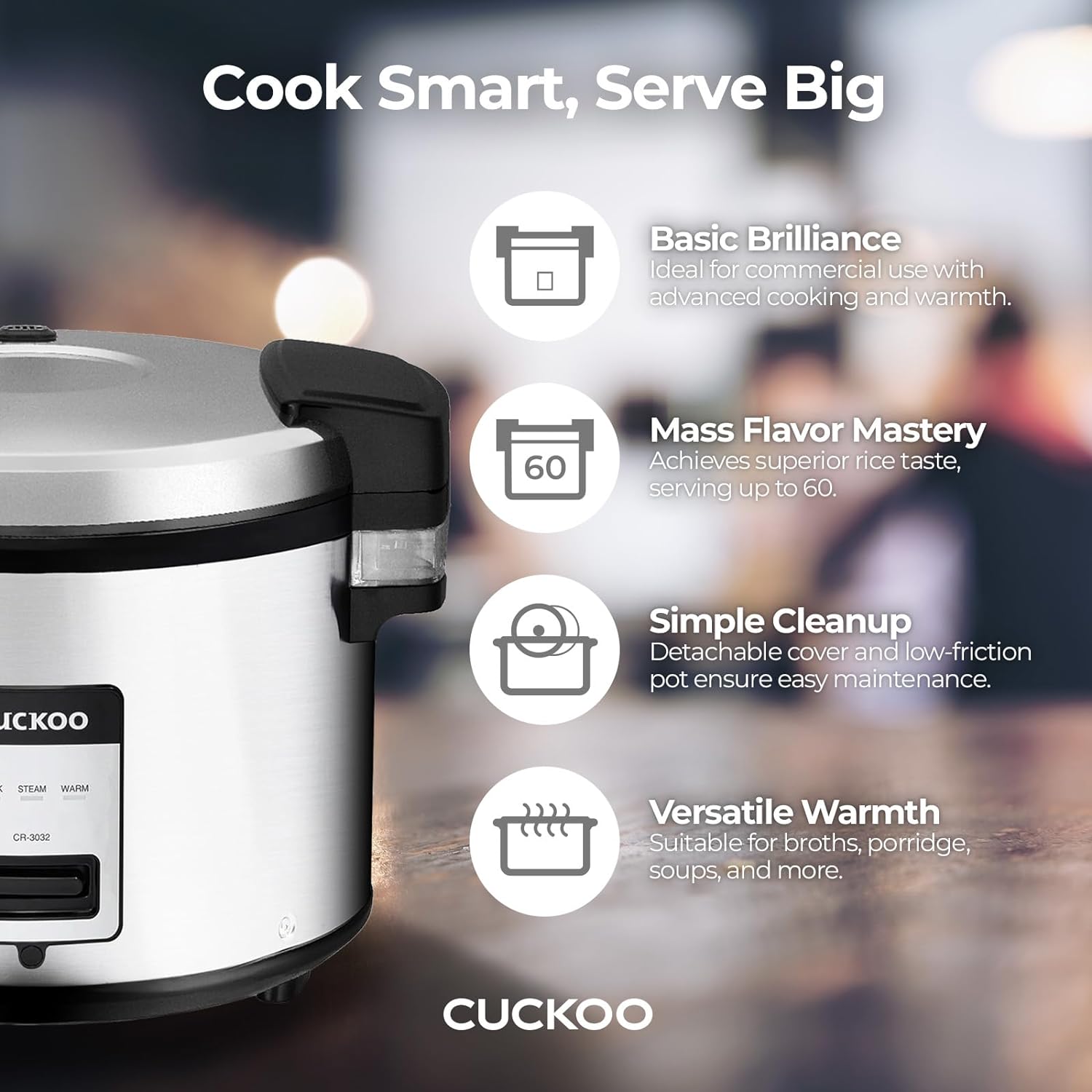 CUCKOO CR-3032 30-Cup (Cooked) / 60-Cup (Cooked) Large Capacity Commercial Rice Cooker & Warmer with Nonstick Inner Pot, Switch Press (Silver/Black)