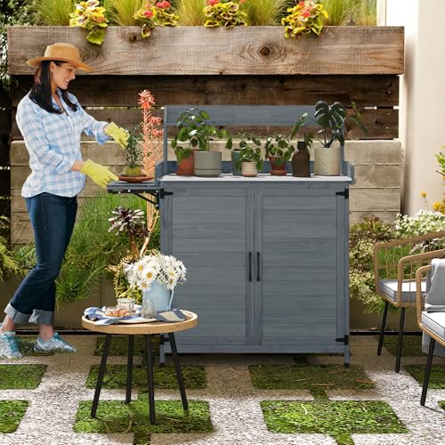 YITAHOME Solid Wood Potting Bench Table with Folding Pallet and Metal Tabletop, Outdoor Storage Cabinet Planting Table Garden Work Bench for Garden