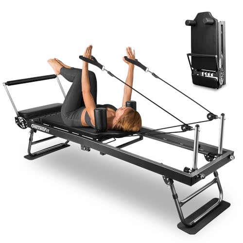 ONETWOFIT Pilates Reformer, Foldable Pilates Machine & Equipment for Home Gym Workout Suitable for Advanced and Beginners Max 440LBS Gray