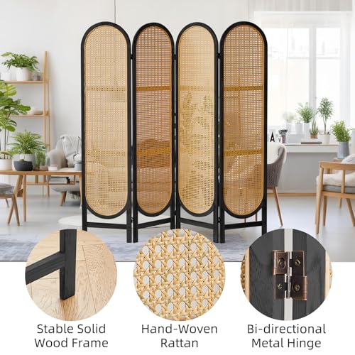4 Panels Room Divider Wall, Foldable Wooden Room Divider, Individual Privacy Screen Made of Hand-Woven Rattan
