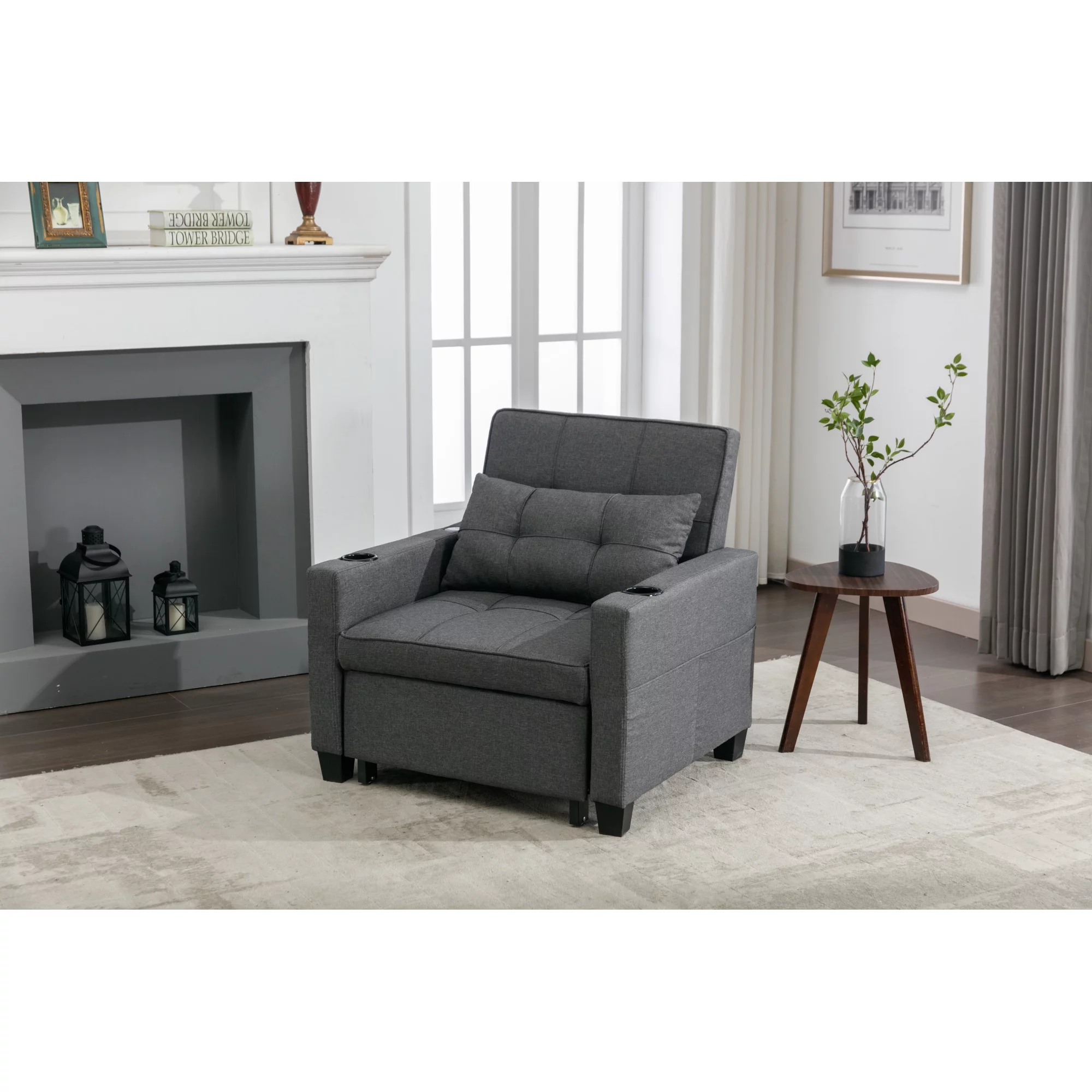 Futon Chair Bed Convertible Chair 3-in-1 Pull Out Sleeper Chair Beds with USB Ports, Armchair Bed Sleeper for Living Room (Dark Grey Linen)