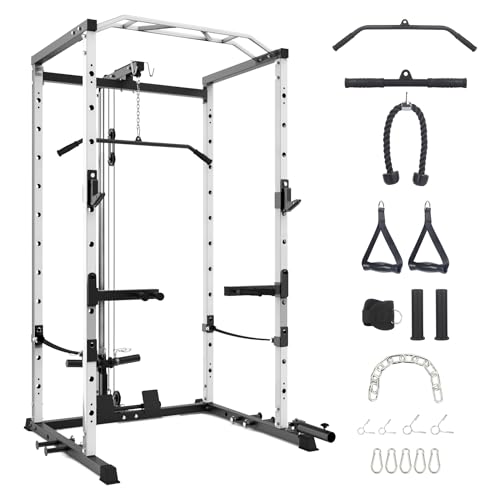Power Cage with LAT Pulldown, Multi-Functional Power Rack with Cable Pulley System and J-Hooks, Squat Rack with Dip Bars and Landmine Attachment