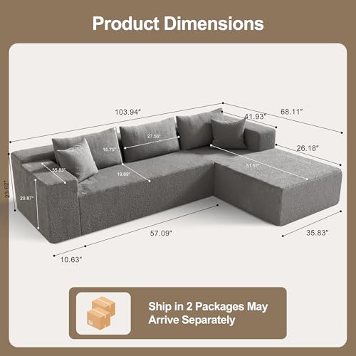 104" Sectional Couches for Living Room, Modular Sectional Sofa with Deep Seat, L-Shape Couch with Chaise, Cloud Couch for Living Room Bedroom
