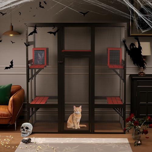 71Inches Large Wood Catio Outdoor Cat Enclosure with Perches and Condos, Cat House Indoor with Waterproof Roof