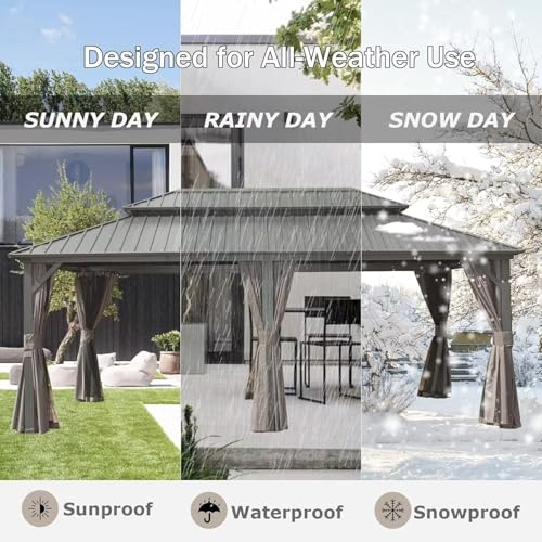 Domi 10’ x 10’ Hardtop Gazebo Metal Frame Canopy with Netting & Curtains