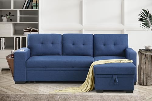 Devion Furniture Regis 4-in-1 Convertible L Shaped Couch with Pull Out Bed and Storage, Sectional Sleeper Sofa with Reversible Chaise for Living Room