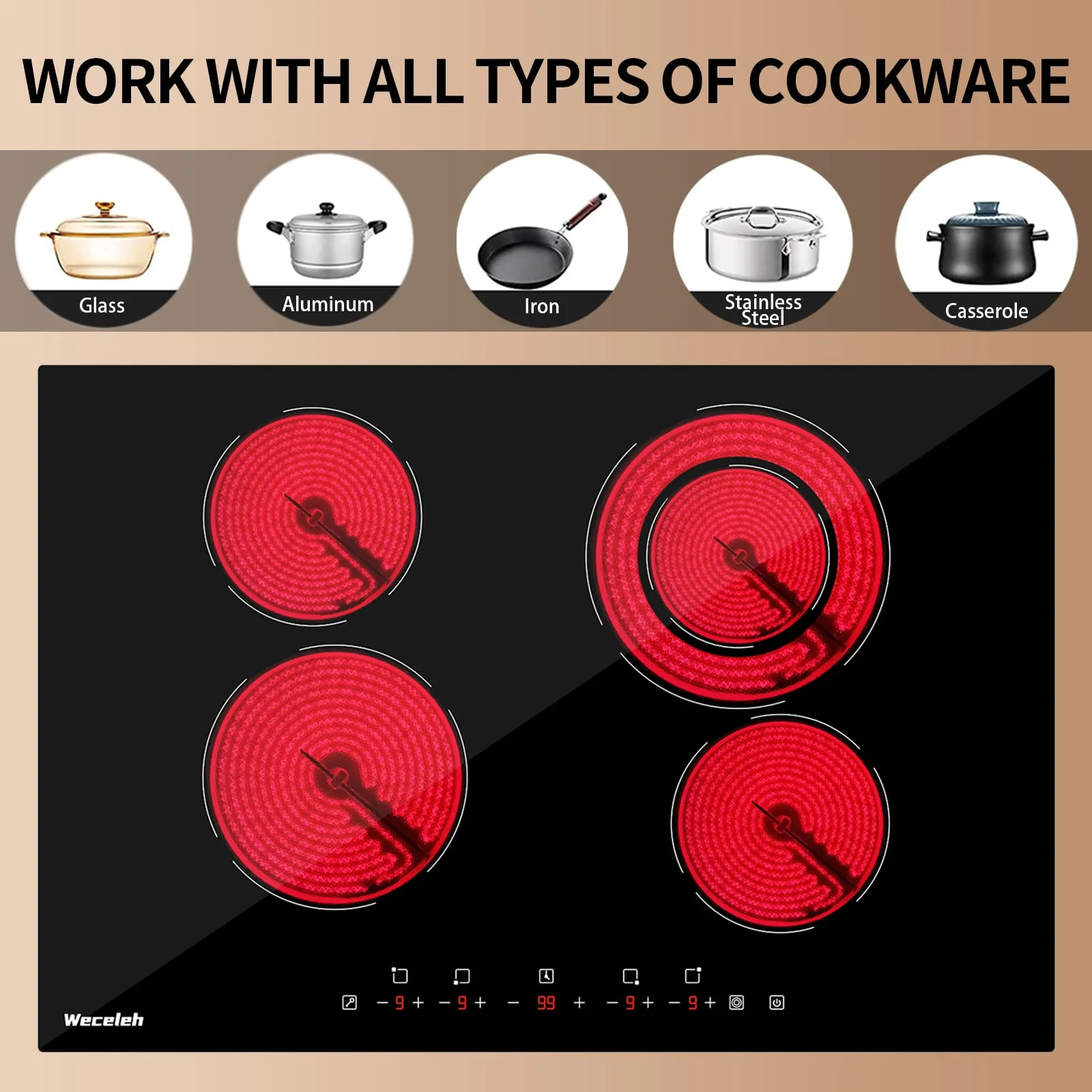 Weceleh 30" Electric Cooktop,4 Burners Built in Ceramic Stove,Electric Stove Top 6400W