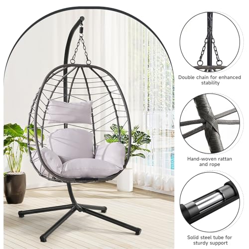 Hanging Egg Chair with Stand, Outdoor Indoor Egg Swing Chair with Cushion Headrest, Wicker Rattan Egg Chair with Dual Chains