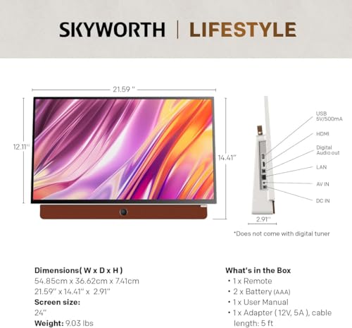 Skyworth 24-Inch Portable Smart Screen with Google TV, 3-Hour Battery Life 24P100 Companion Series 1080P FHD, Matte Screen, HDR10, Dolby Audio, LED