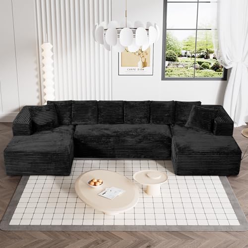 131" Modular Sectional Sofa Cloud Couch, Corduroy Memory Foam Black Sectional Couches for Living Room, Modern Deep Seat Boneless Sofa