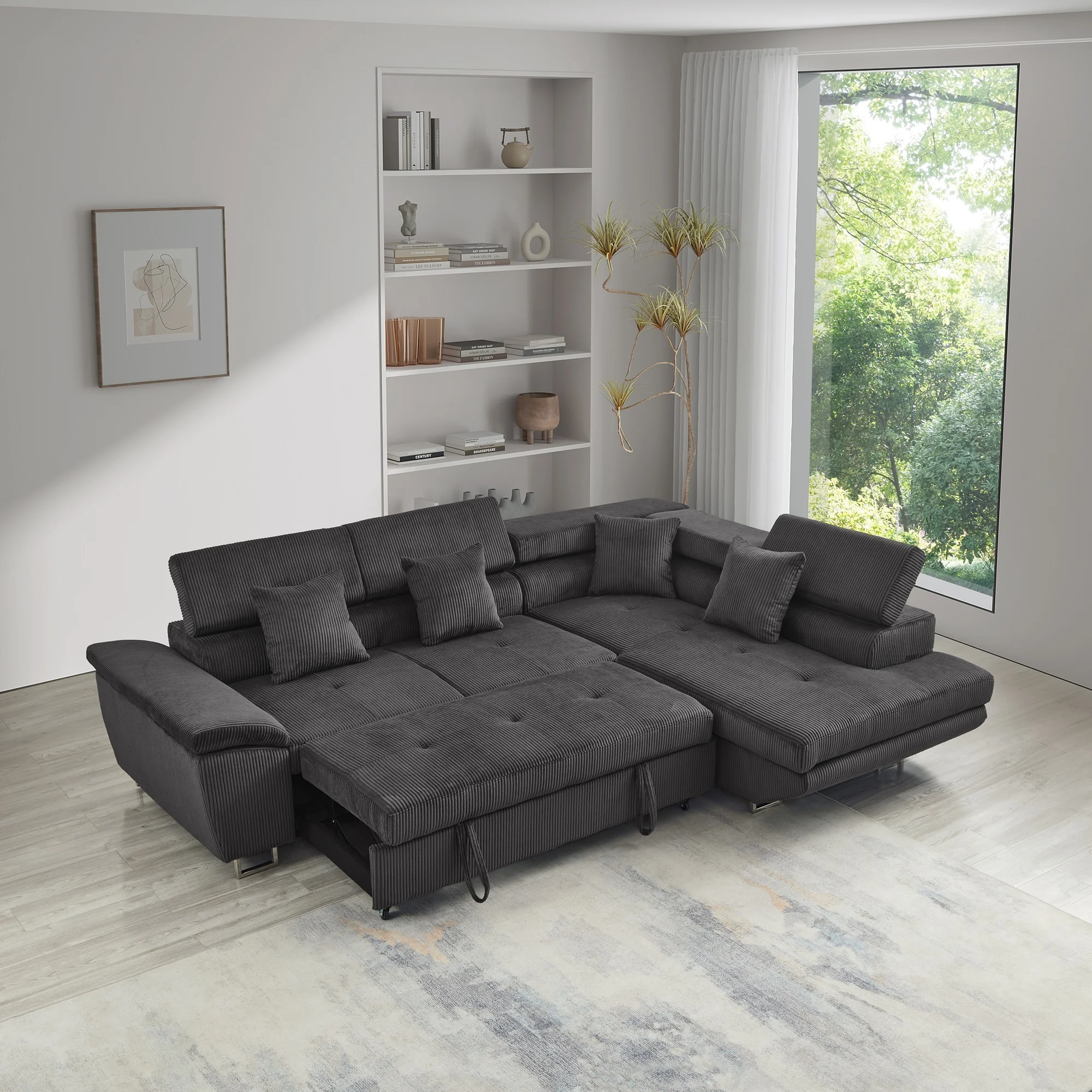 Noodeniya Corner Sofa Couch Pull-Out Bed with Storage Chaise, Convertible Sleeper Sofa Bed, L Shaped Corduroy Right Corner Couch for Living Room