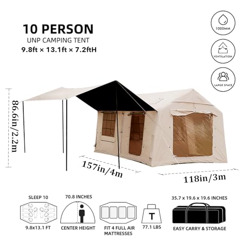 10-12 Person Large Inflatable Tent for Camping,Blow up Tents with Canopy,10 * 13ft Inflatable House Tent with Stove Jack