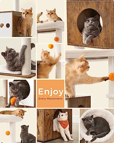 Feandrea Cat Tree with Litter Box Enclosure, 2-in-1 Modern Cat Tower, 70.8-Inch Tall Cat Condo with Scratching Posts, Perch, Caves, Basket