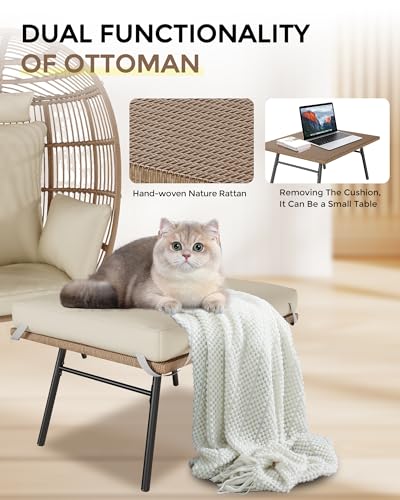 Oversize Wicker Egg Chair with 4 Comfy Cushions, Big Egg Shaped Lounger with Ottoman, Rattan Reading Chairs for Indoor Outdoor Patio Porch Backyard