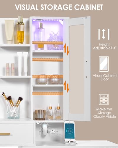 ANWBROAD 51.8" Makeup Vanity Desk with Mirror and Lights White Vanity Table with RGB Storage 8 Drawers Power Outlet Large Dresser Dressing Table with